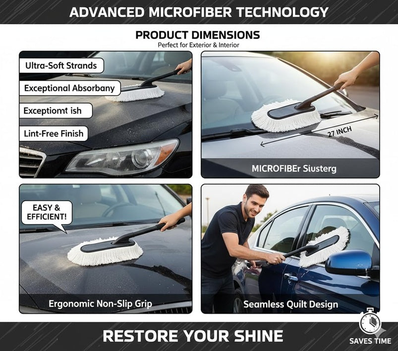 Car Duster Lint-Free & Scratch-Free Car Cleaner Brush with Long Handle, Strong Absorption, Cleaning Tool for Wet & Dry Car Dust Cleaner Features Wax Coating for 2X Better Performance