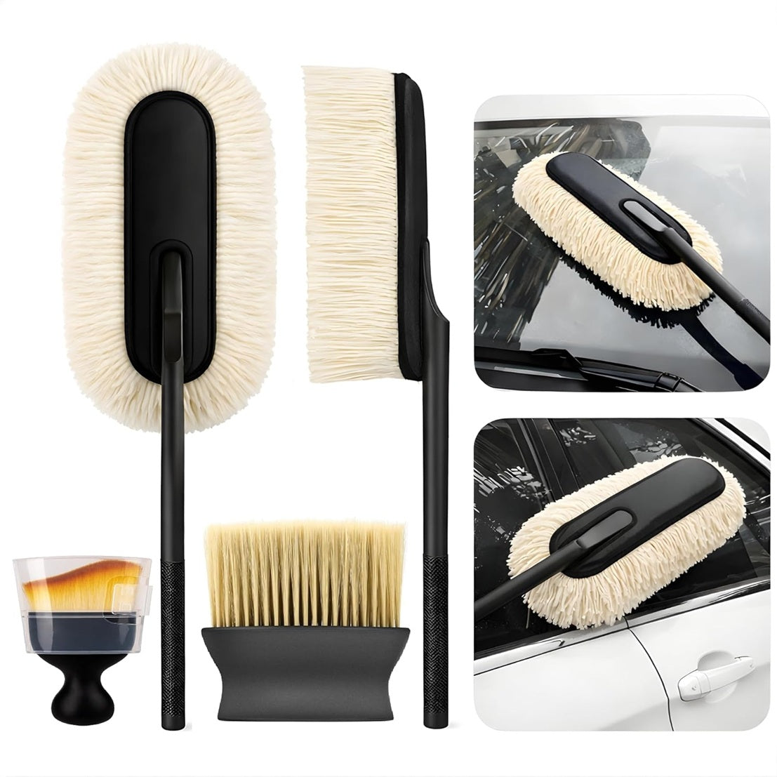 3Pcs Car Duster Kit - Microfiber Car Cleaning Brush for Exterior Car Dust Cleaner - Small Car Brush for Cleaning Car Interior, PC, Laptop, Keyboard - Wax-Treated Cotton Strands for 2X Better Cleaning